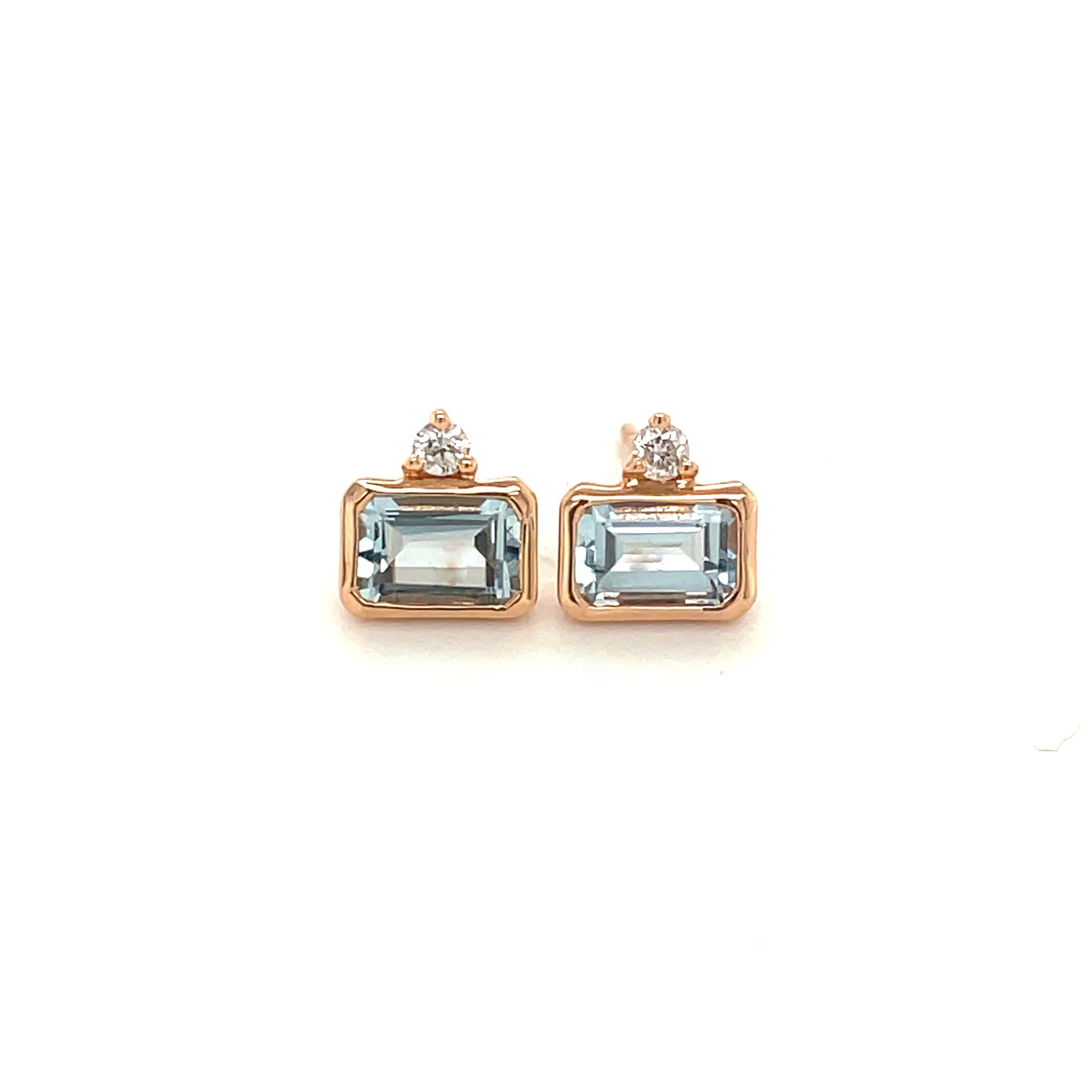14k Lady's Rose Polished Aquamarine (1.02tw) and Diamond (.7tw) Stud Earrings