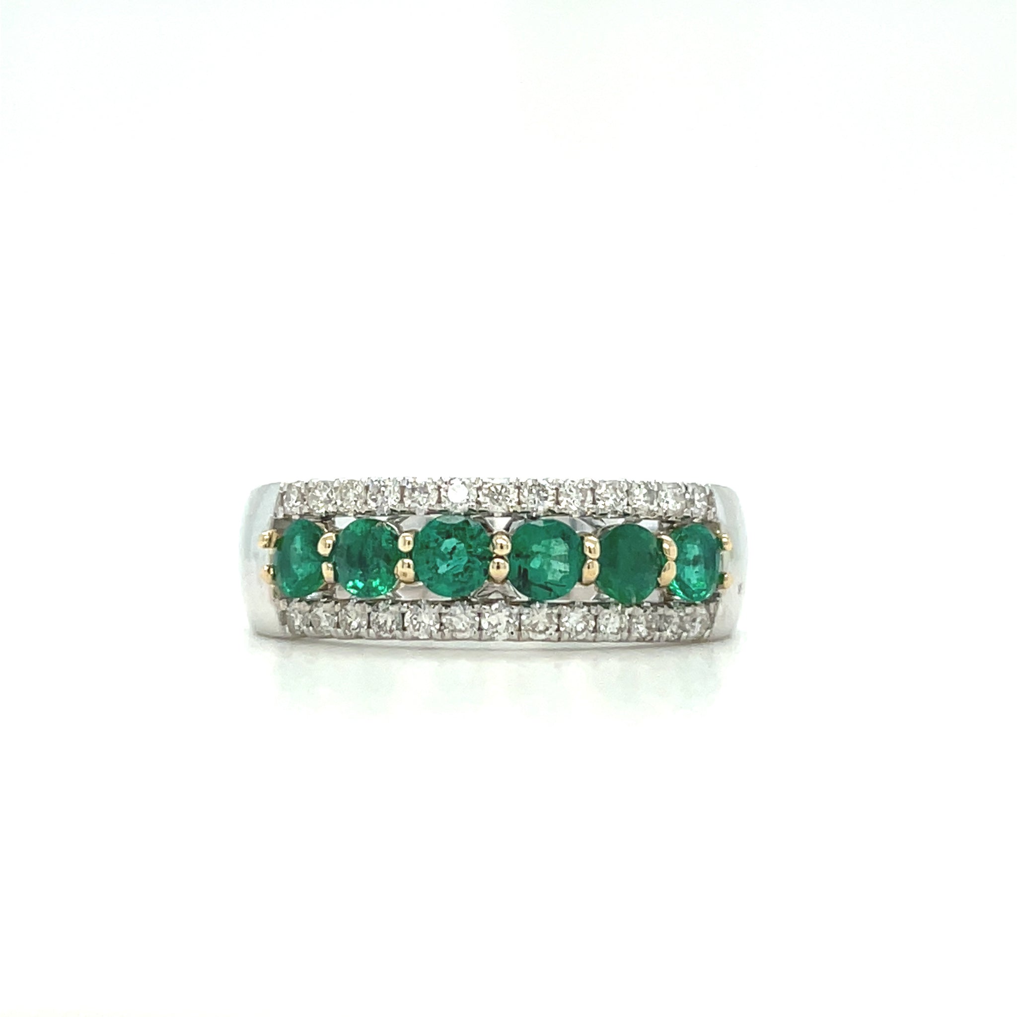 14K White Gold Fashion Ring with Round Emeralds and Round Diamonds