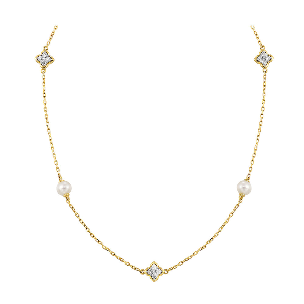 14Kt Yellow Gold Diamond 1/6Ctw & Pearl Necklace