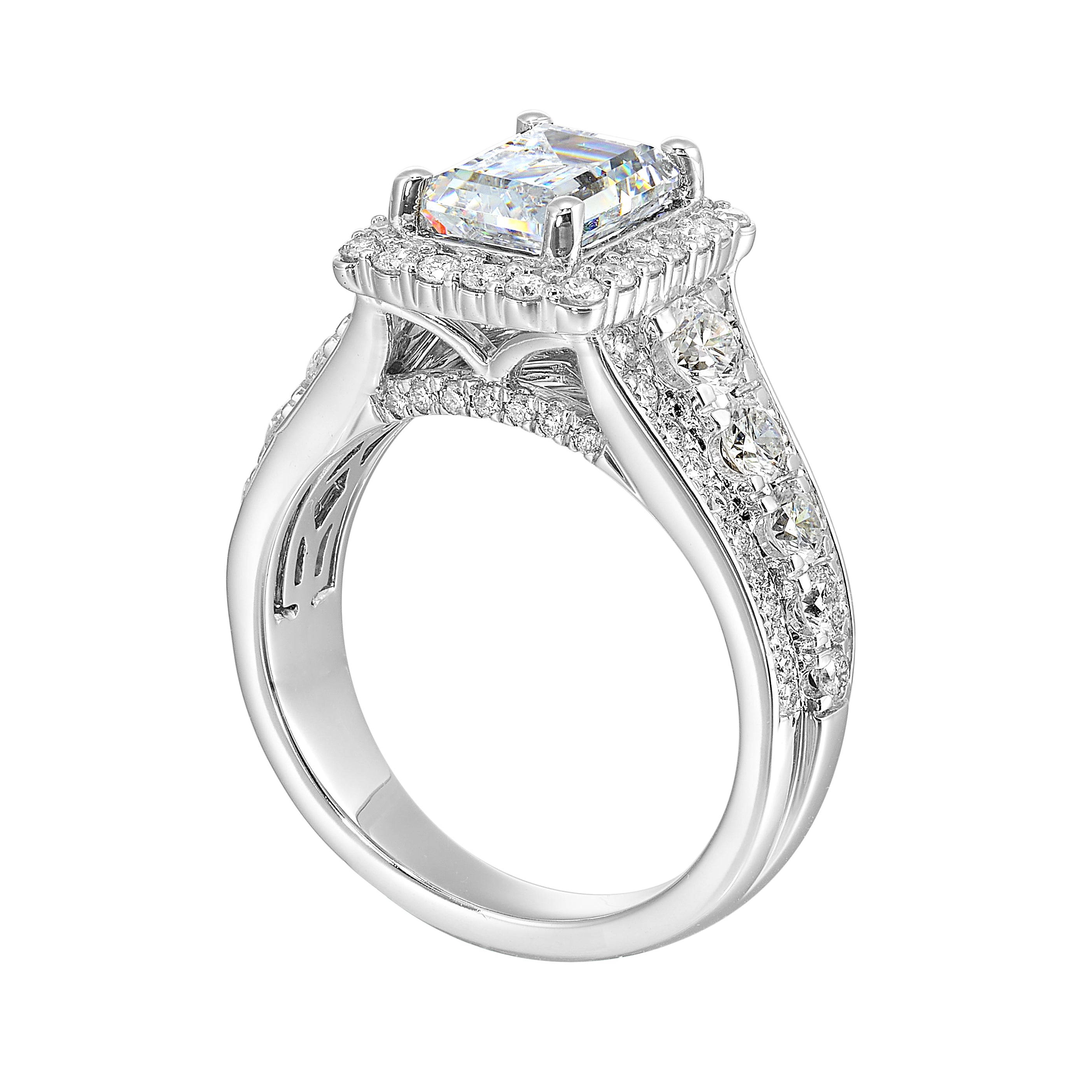 14Kt White Semi Mount 1 1/3Ctw For 2Ctw Emerald Cut Center