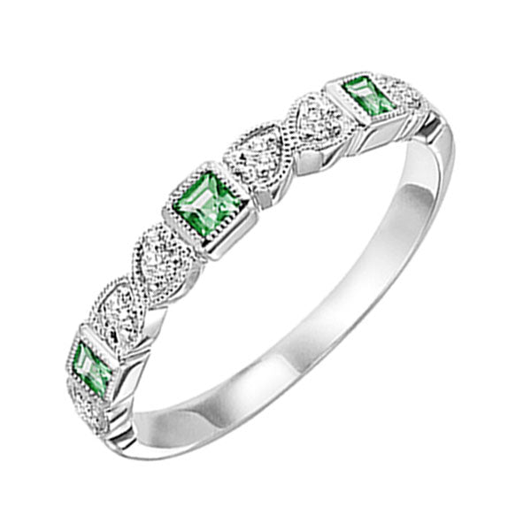 10Kt White Gold Diamond (1/10Ctw) & Emerald (1/10 Ctw) Ring