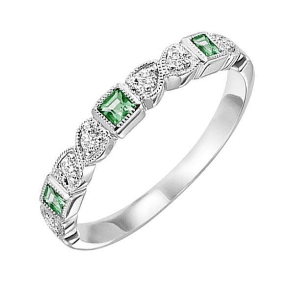 14Kt White Gold Diamond (1/10Ctw) & Emerald (1/6 Ctw) Ring