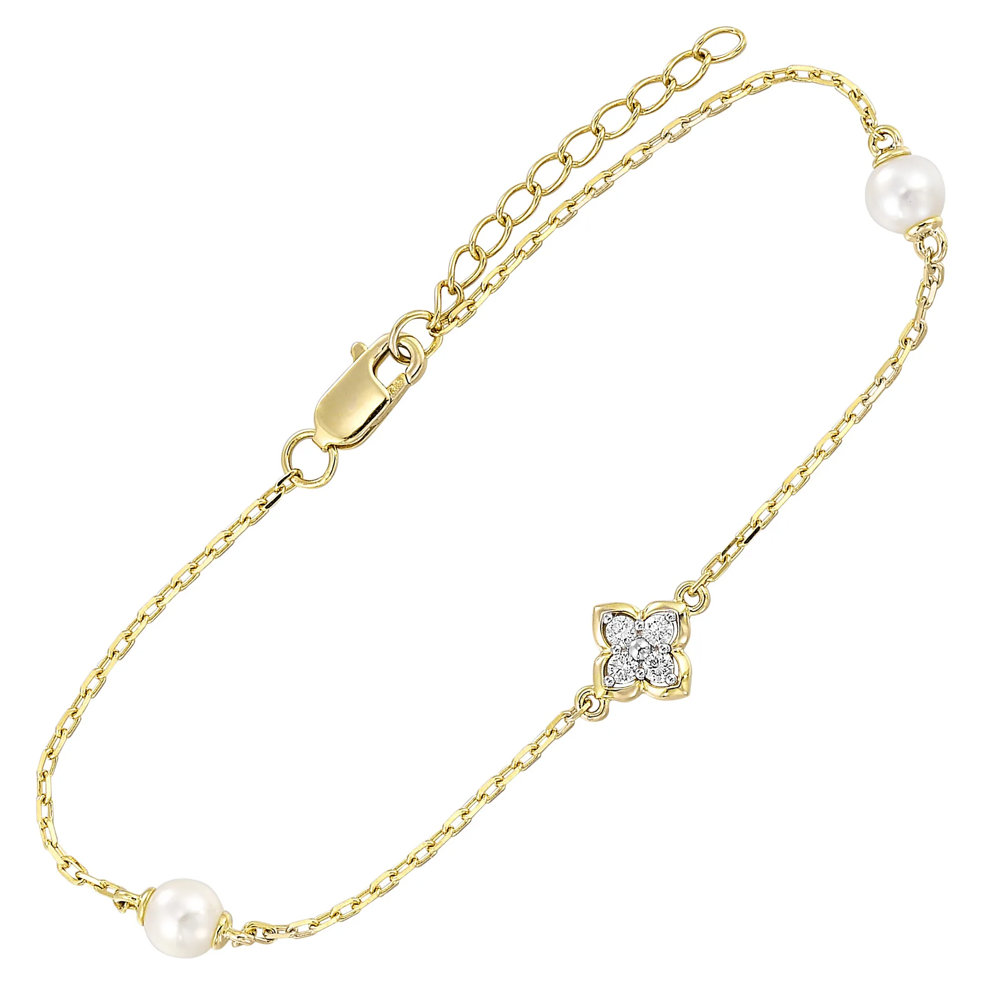 14Kt Yellow Gold Diamond 1/12Ctw & Pearl Bracelet view 2