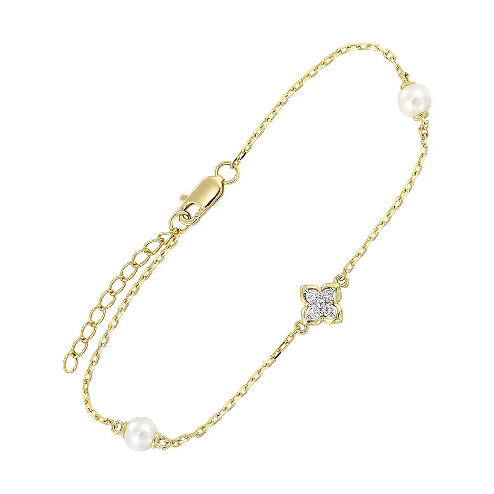 14Kt Yellow Gold Diamond 1/12Ctw & Pearl Bracelet