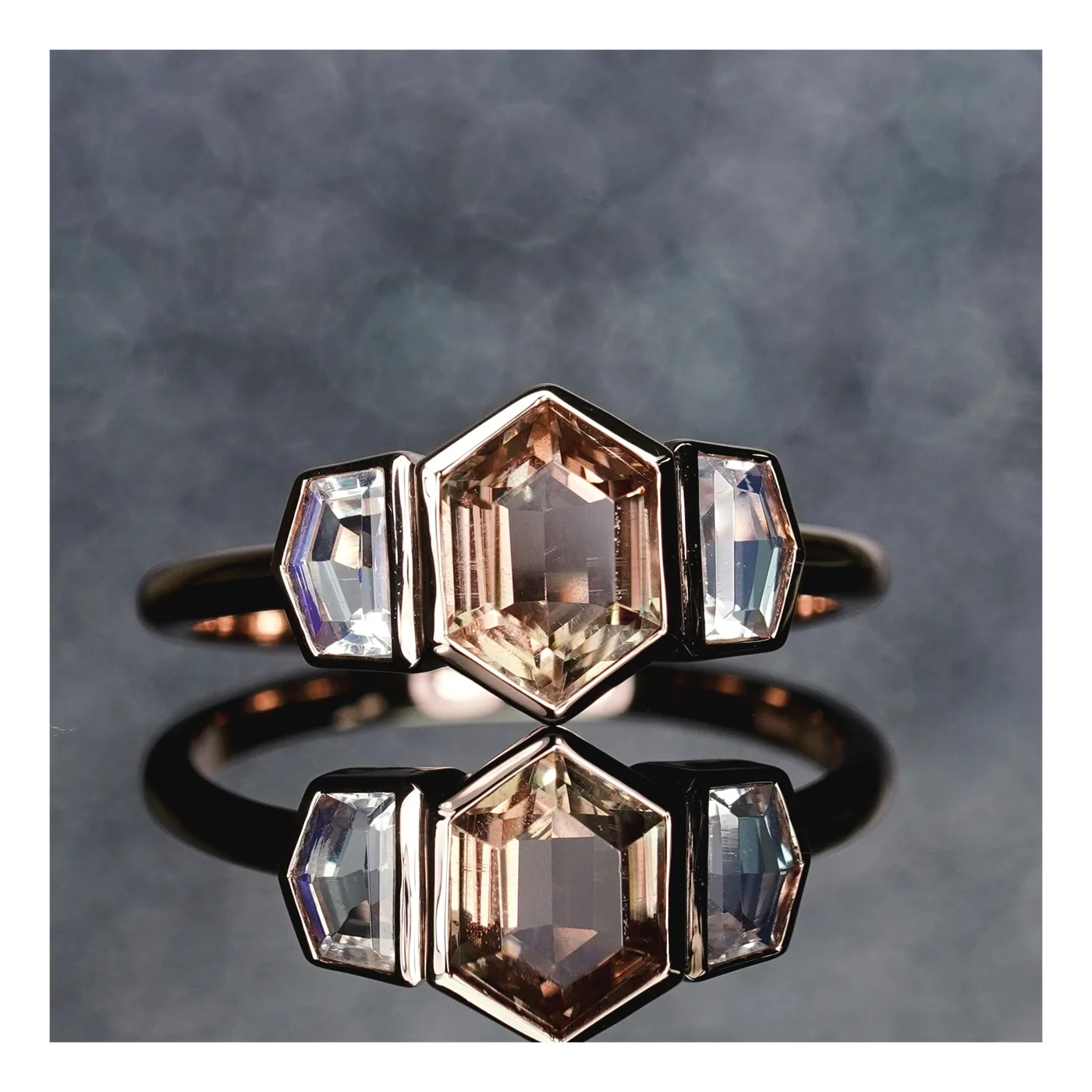 14Kt Yellow Gold Sunstone & Moonstone Three Stone Ring