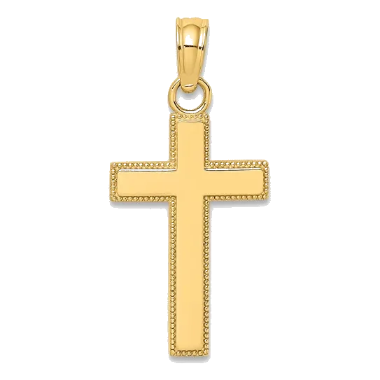 14K Polished Block Style Beaded Edge Cross Charm