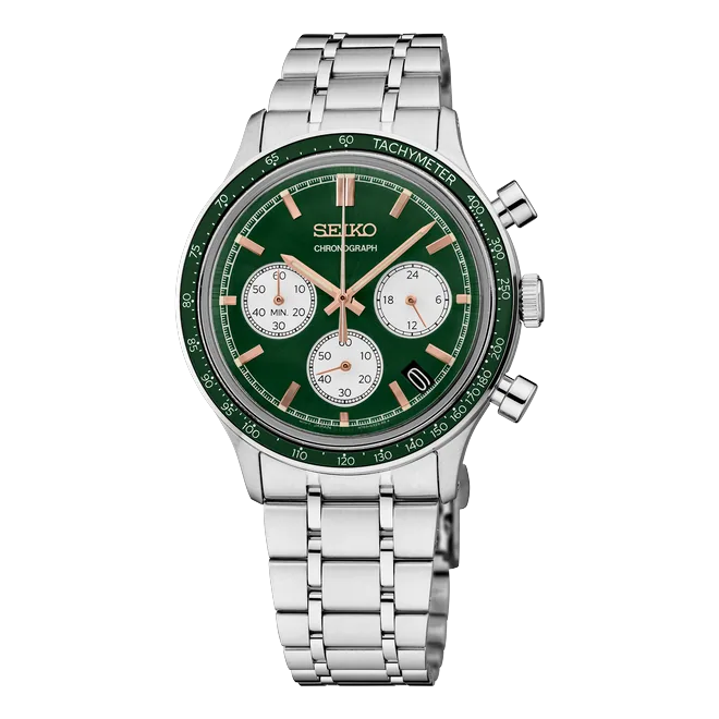 Seiko SSB481 quartz chronograph — a battery-powered watch we service at the counter