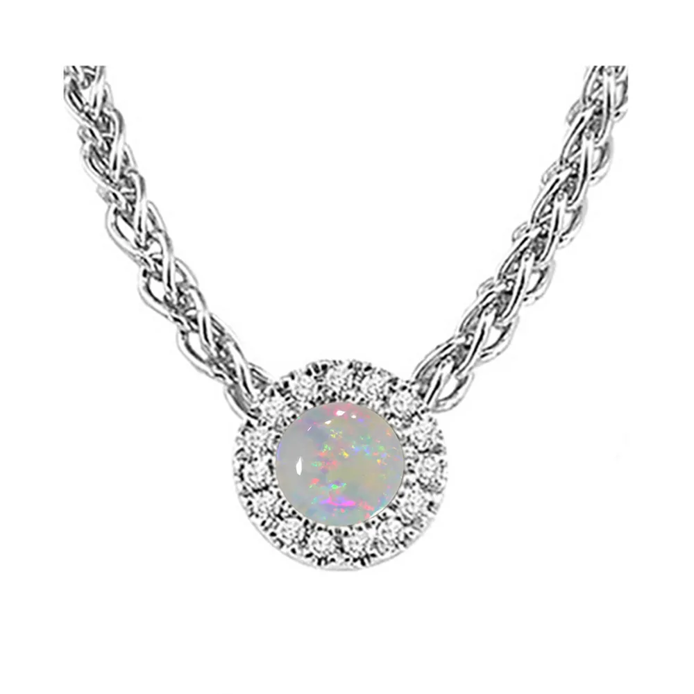 14Kt White Gold Diamond 1/20Ctw & Opal 1/8Ctw Pendant