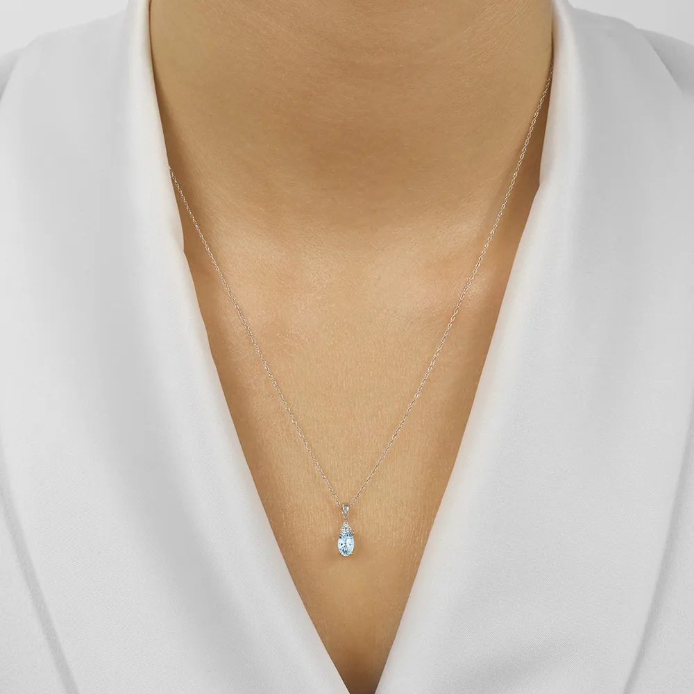 10Kt White Gold Diamond 1/50Ctw & Aquamarine 3/8Ctw Pendant view 2