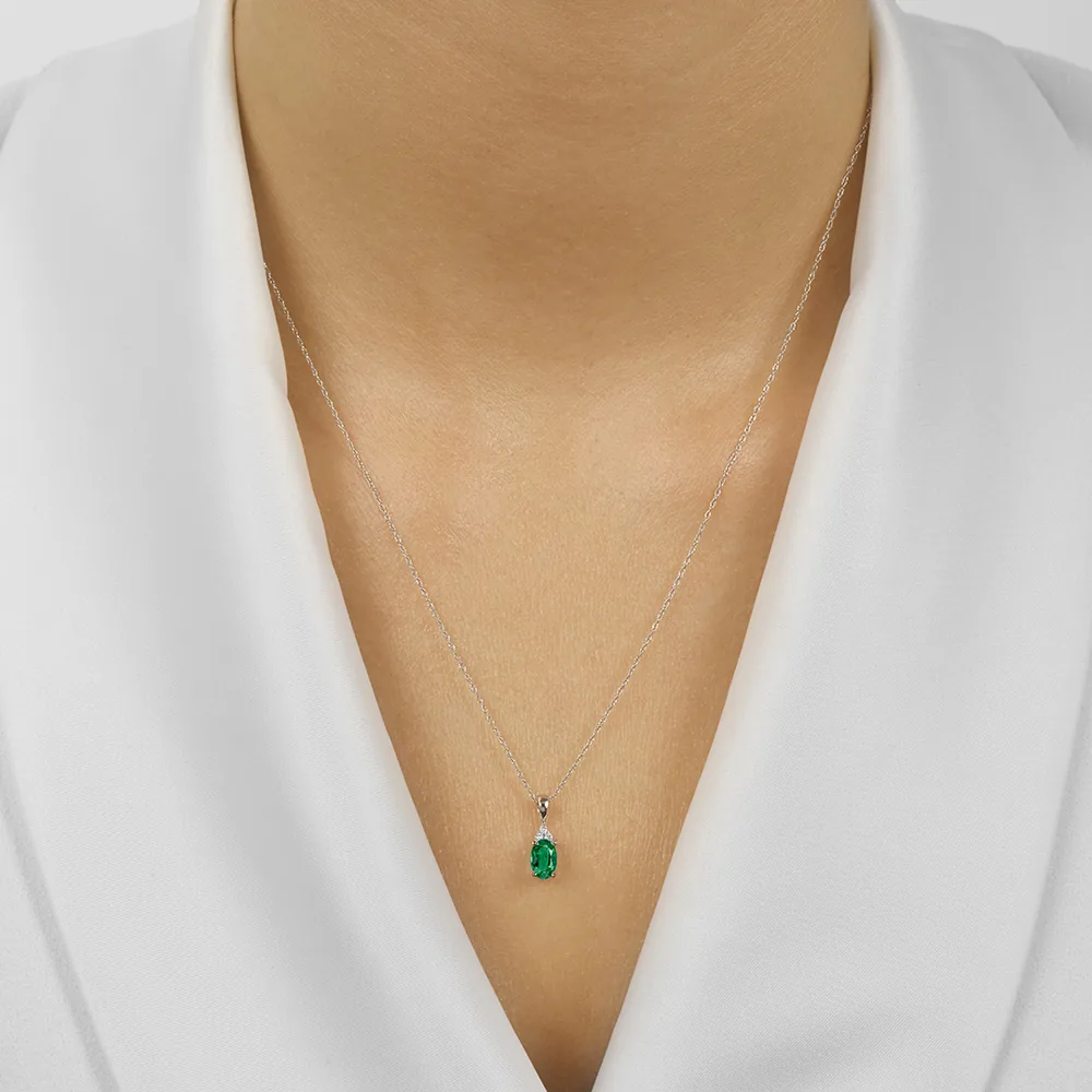 10Kt White Gold Diamond 1/50Ctw & Emerald 1/2Ctw Pendant view 2