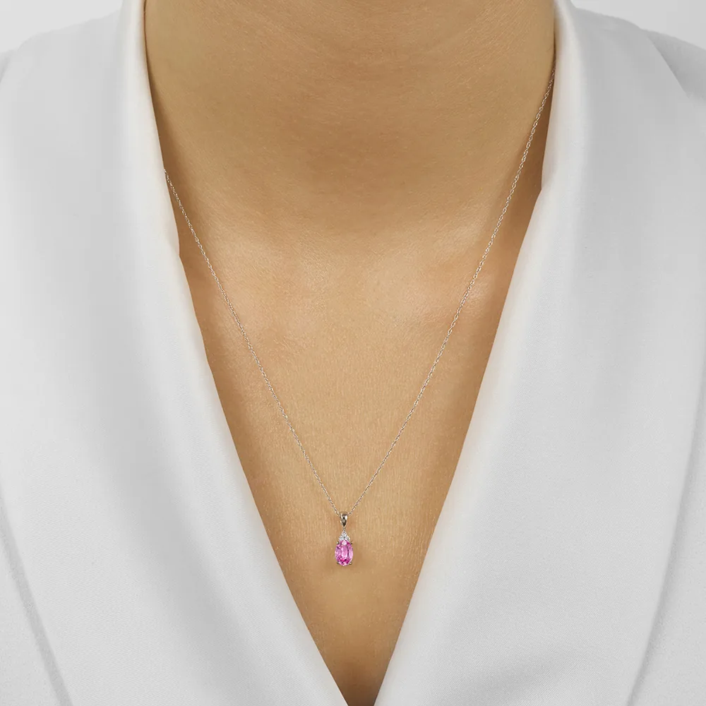 10Kt White Gold Diamond 1/50Ctw & Pink Tourmaline 3/8ctw Pendant view 2