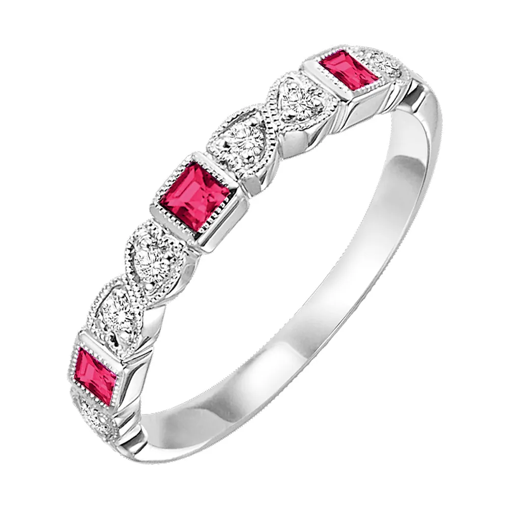 10Kt White Gold Diamond 1/12Ctw & Ruby 1/7Ctw Ring