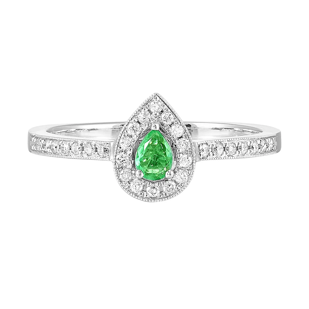 14Kt White Gold Diamond 1/7Ctw & Emerald 1/8Ctw Ring