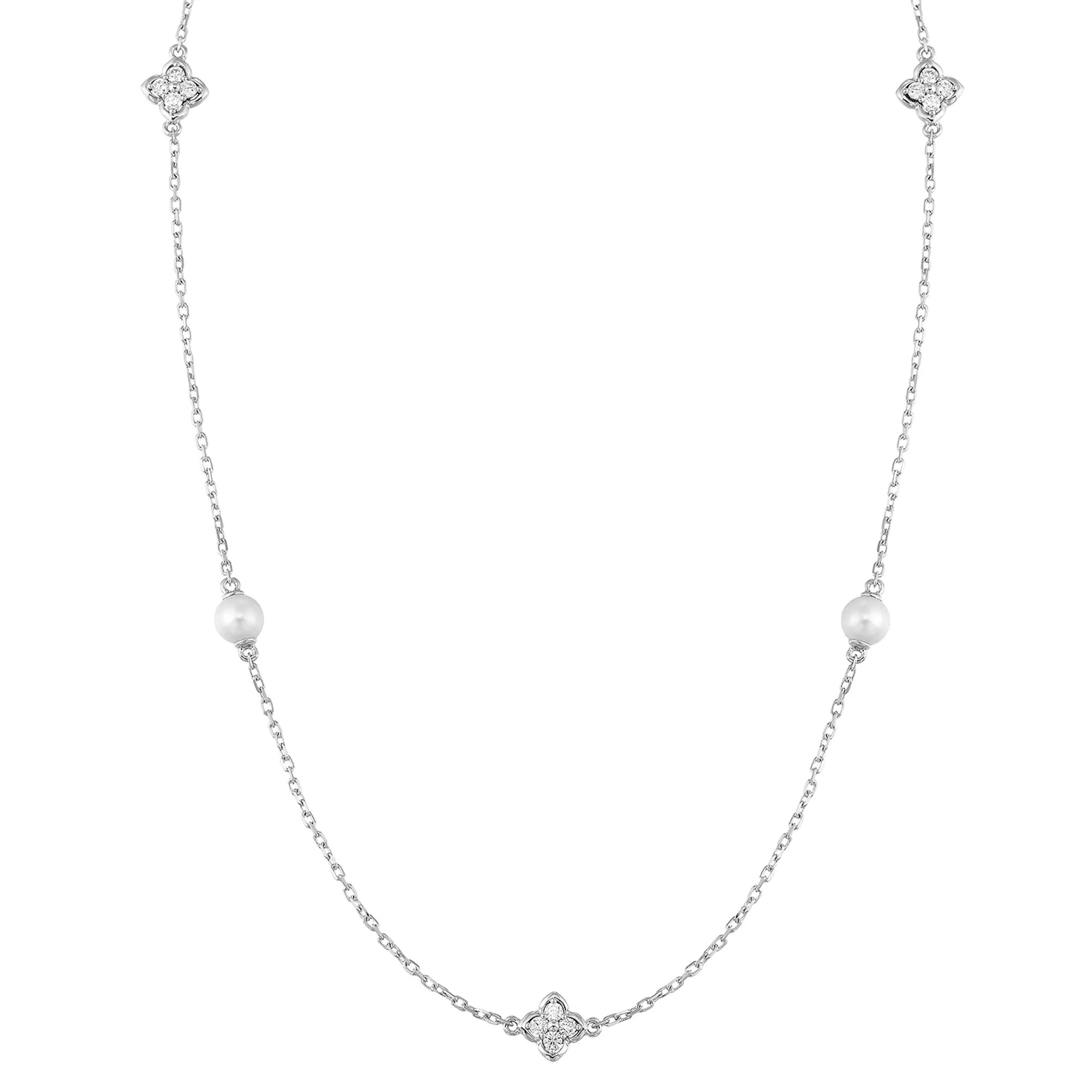 14Kt White Gold Diamond 1/6Ctw & Pearl Necklace