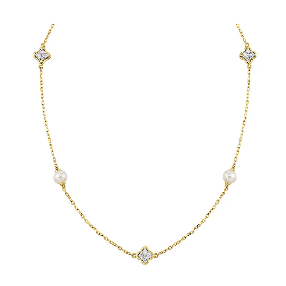 14Kt Yellow Gold Diamond 1/6Ctw & Pearl Necklace