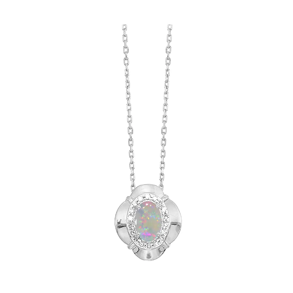 10Kt White Gold Diamond 1/15Ctw & Opal 1/2Ctw Pendant