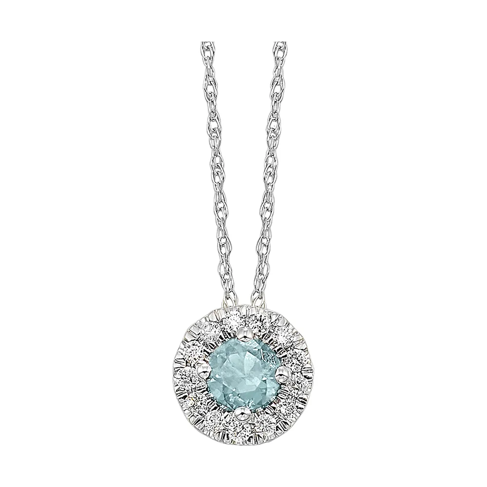 10Kt White Gold Diamond 1/10Ctw & Aquamarine 1/3Ctw Pendant