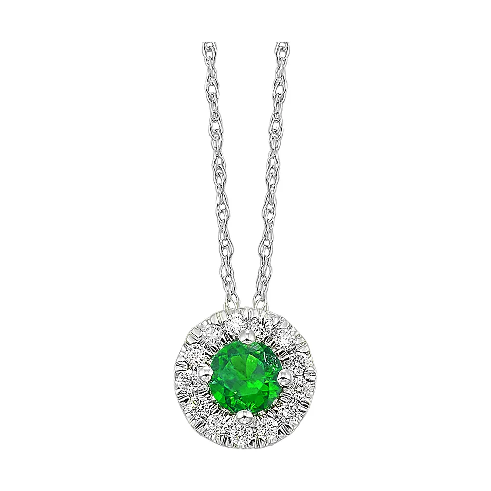 10Kt White Gold Diamond 1/10Ctw & Created Emerald 1/3Ctw Pendant