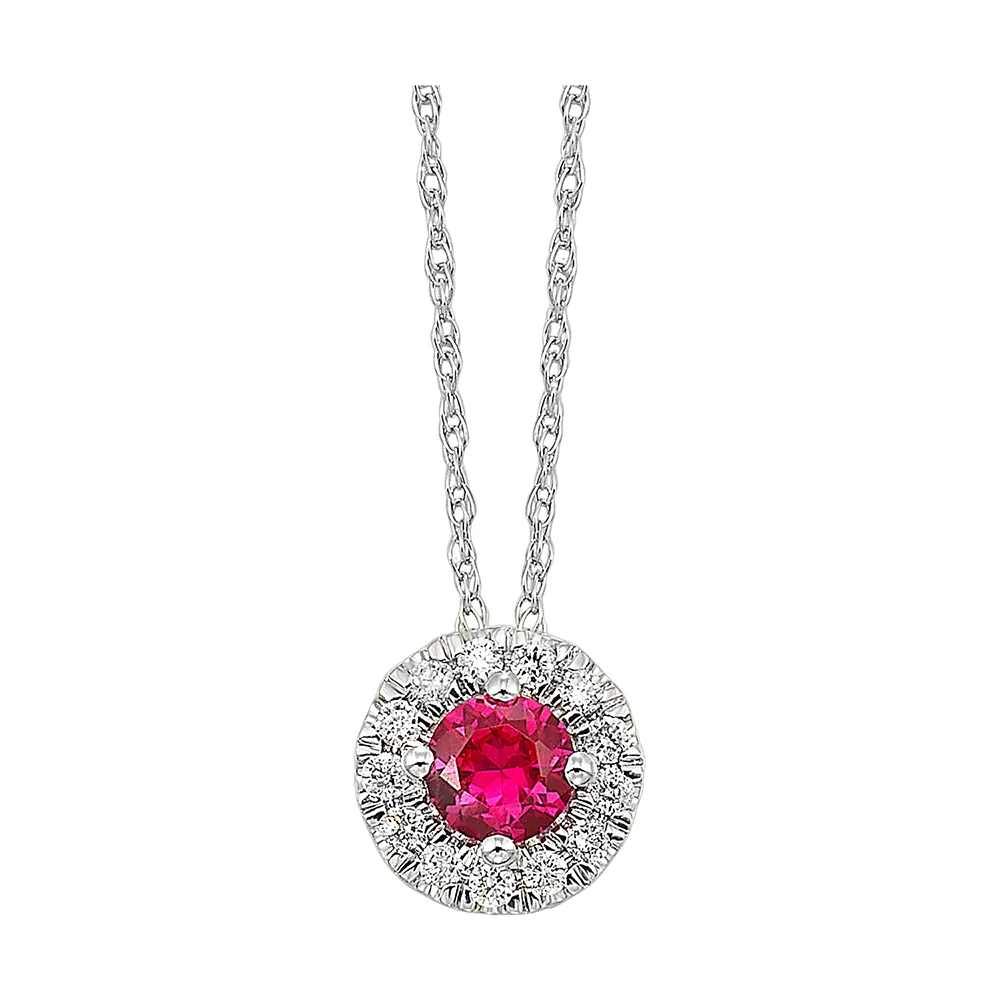 10Kt White Gold Diamond 1/10Ctw & Created Ruby 1/3Ctw Pendant