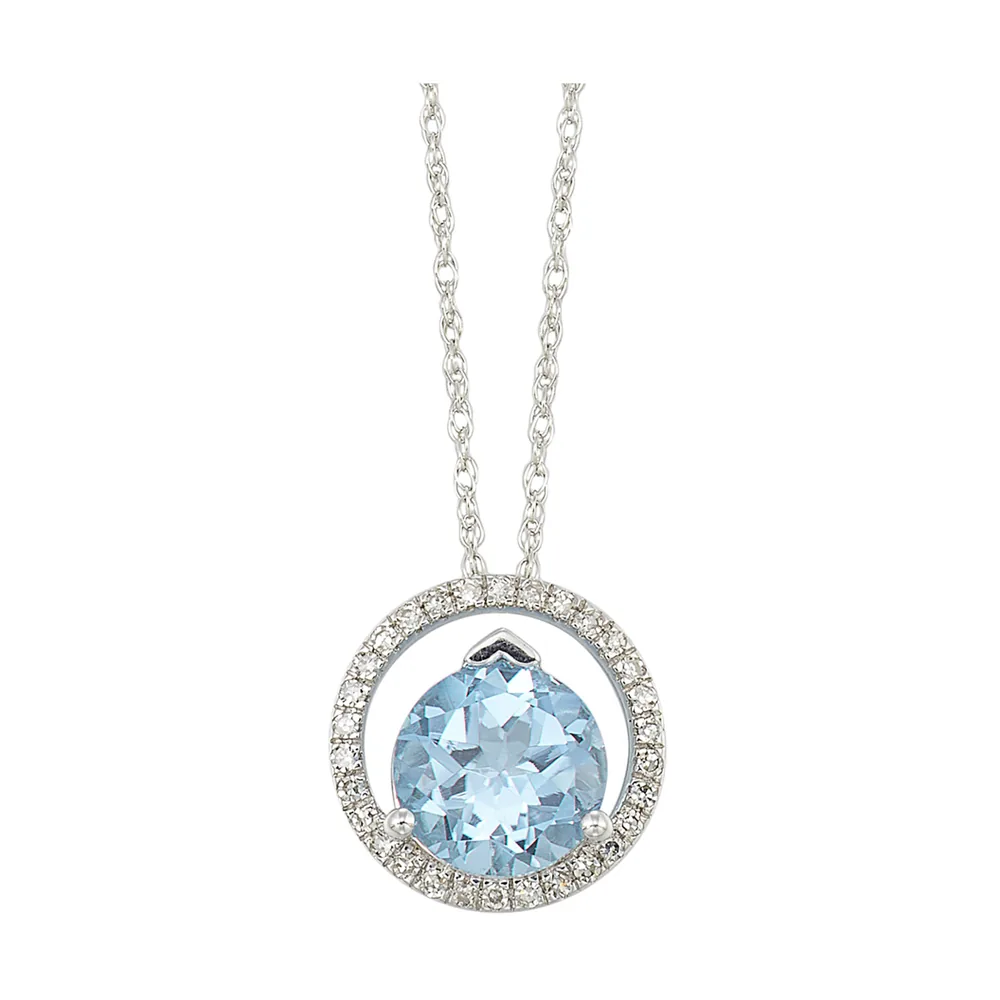 10Kt White Gold Diamond 1/12Ctw & Blue Topaz 1 3/8Ctw Pendant