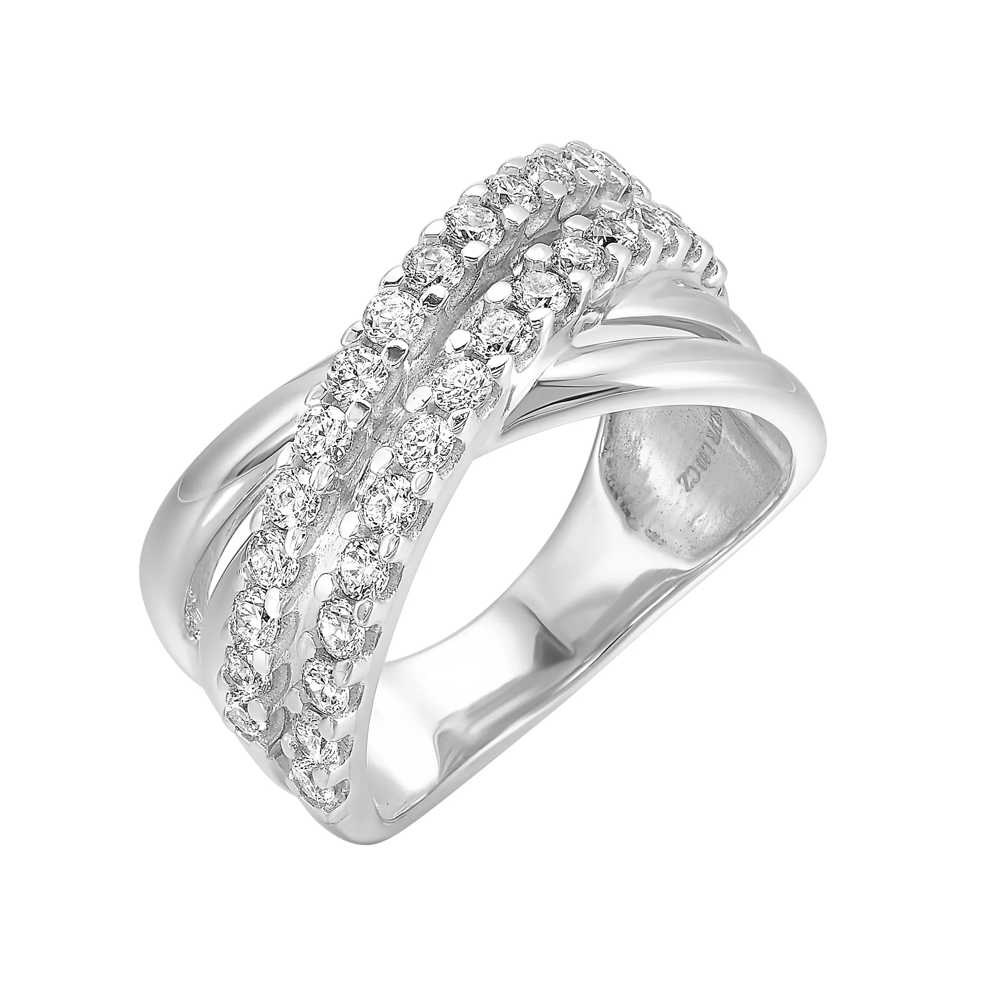 10KW diamond crossover ring with 1CTW round brilliants. Multi-row pavé bands create dimensional sparkle and strong case appeal an easy, high-turn performer for any showcase. view 2