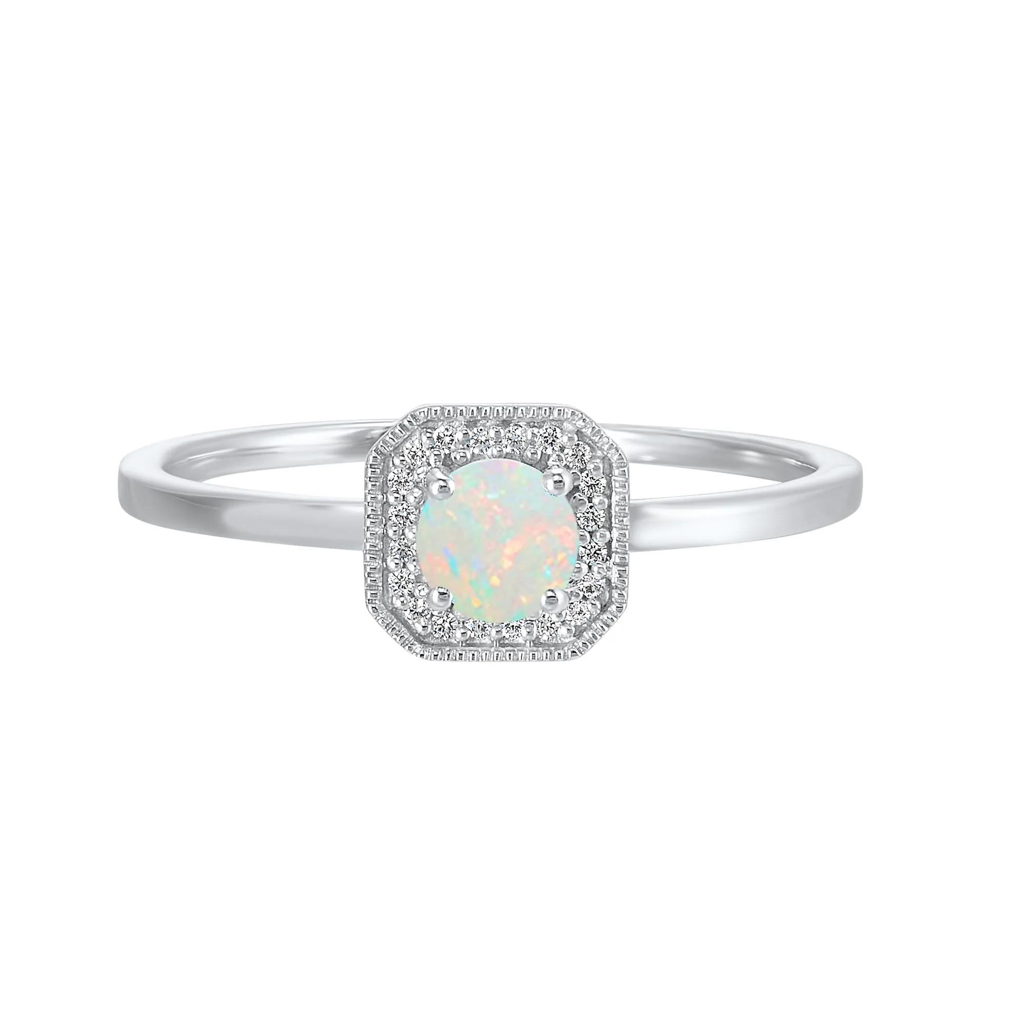 10Kt White Gold Diamond 1/12Ctw & Opal 1/3Ctw Ring