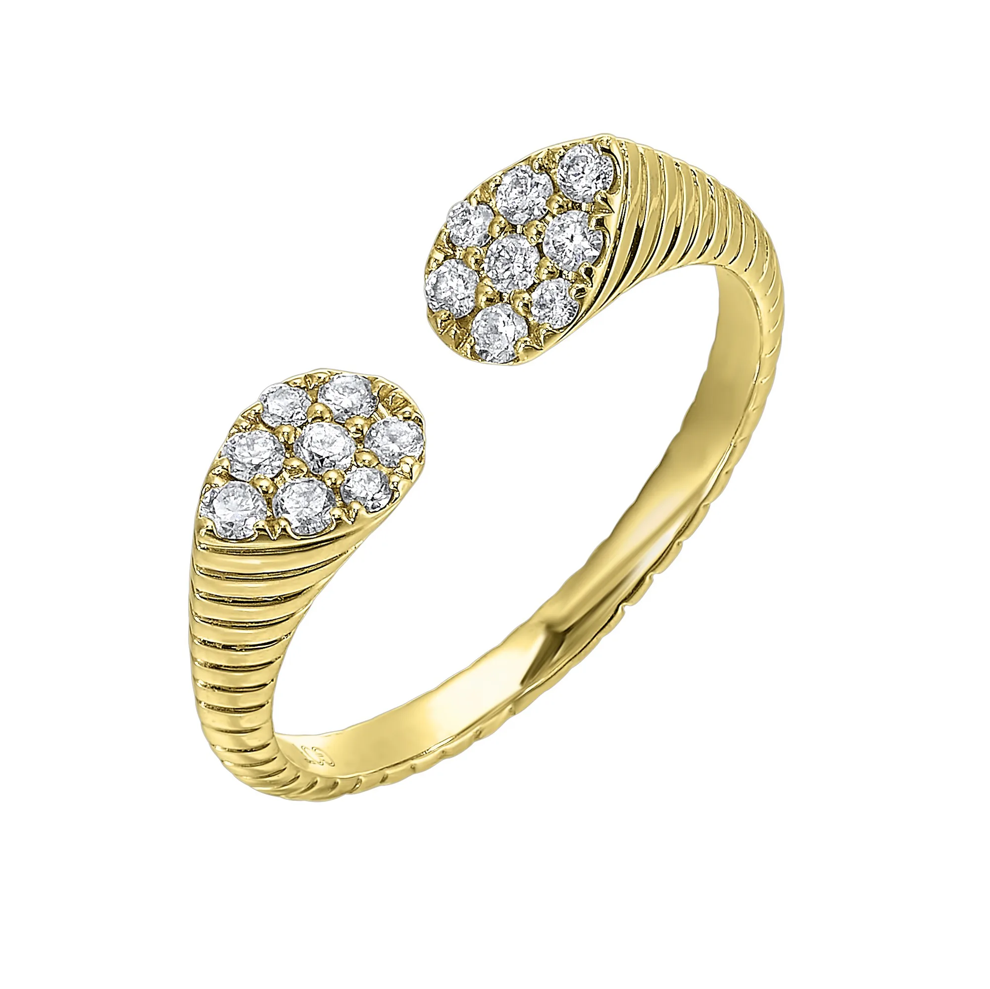 This exquisitely textured yellow gold ring is a royal masterpiece. Its band tapers towards two pear-shaped diamond clusters, converging to create a profile that captures the essence of regal charm. view 2