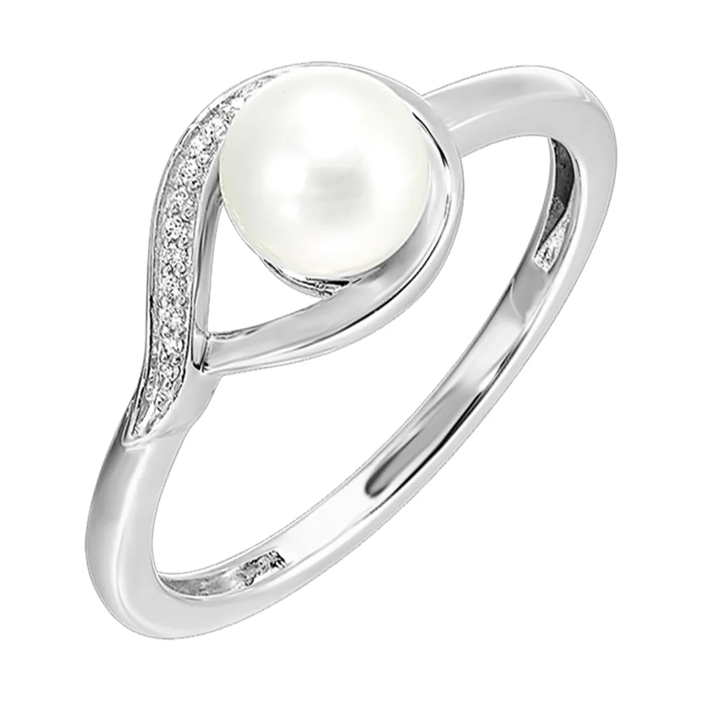 14Kt White Gold Diamond 1/50Ctw & Pearl Ring view 2