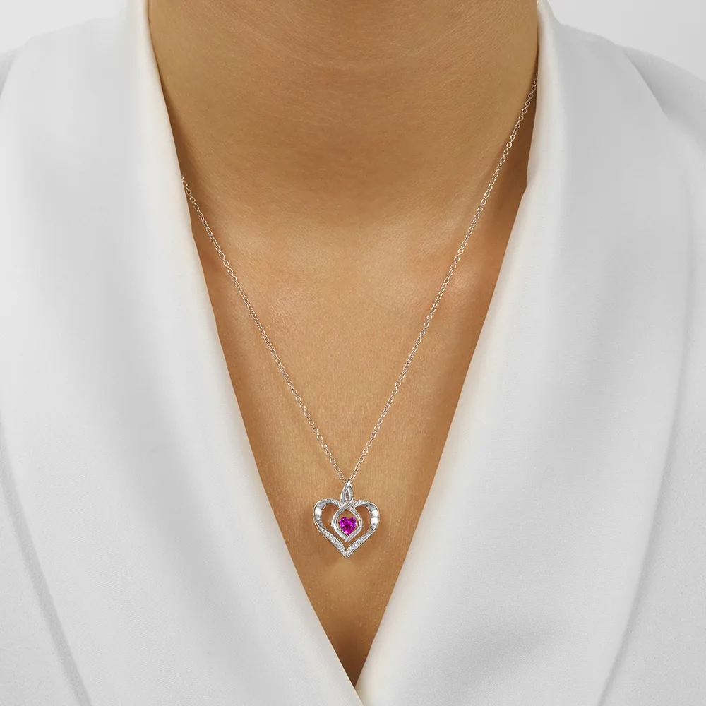 Silver Diamond 1/50Ctw & Createdpink Tourmaline 1/4Ctw Pendant view 2