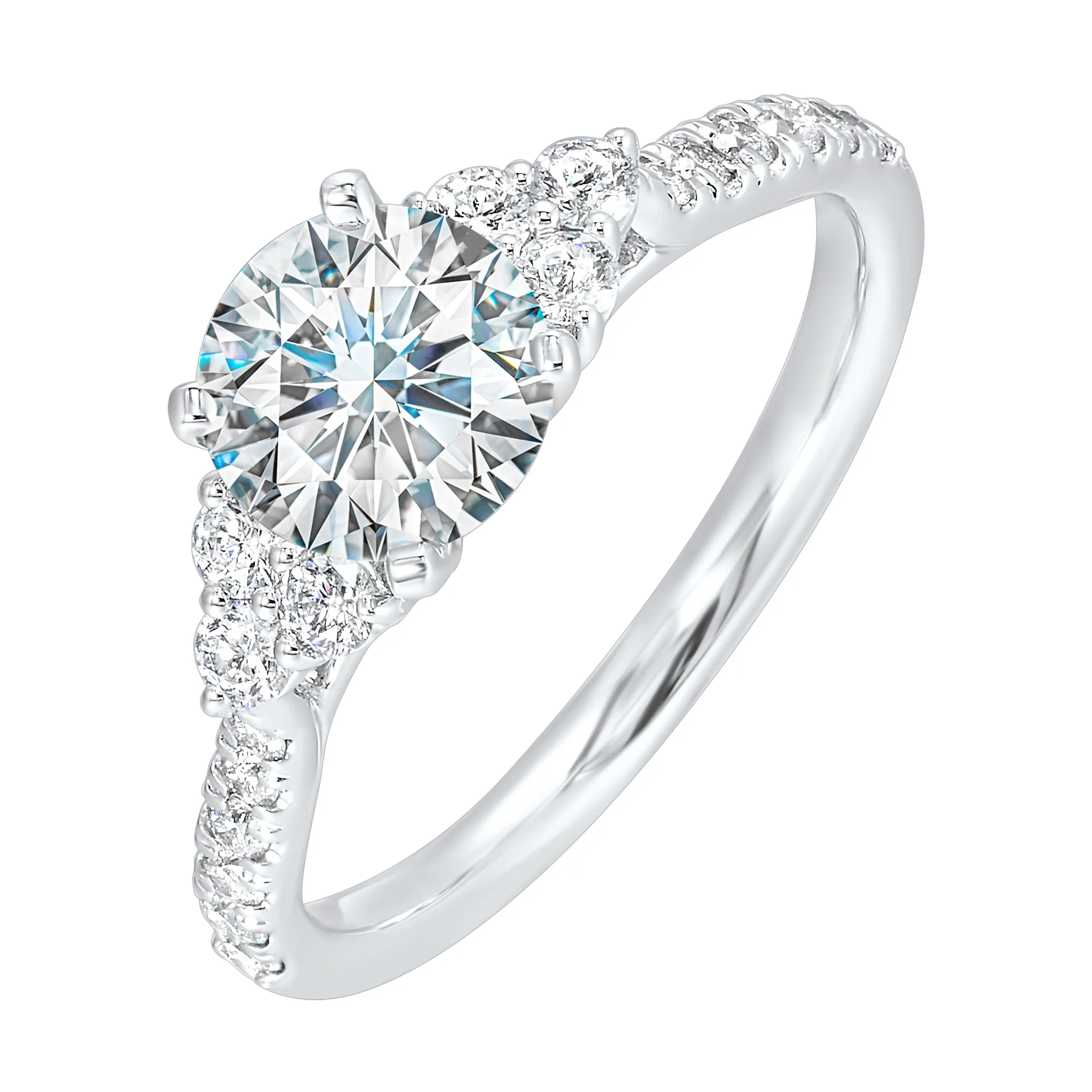 A trio of round diamonds on either side of the solitaire followed by a diamond studded shank, this ring is sure to impress her. view 2