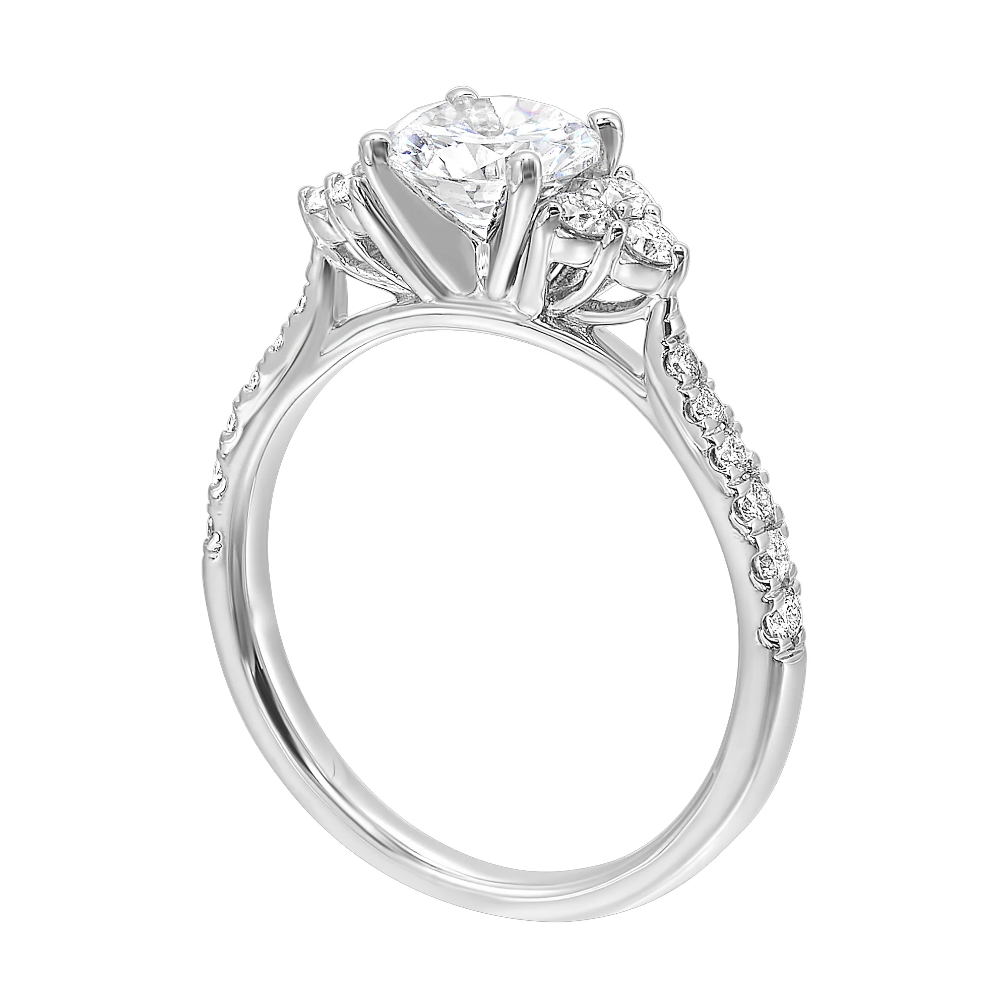 A trio of round diamonds on either side of the solitaire followed by a diamond studded shank, this ring is sure to impress her. view 3