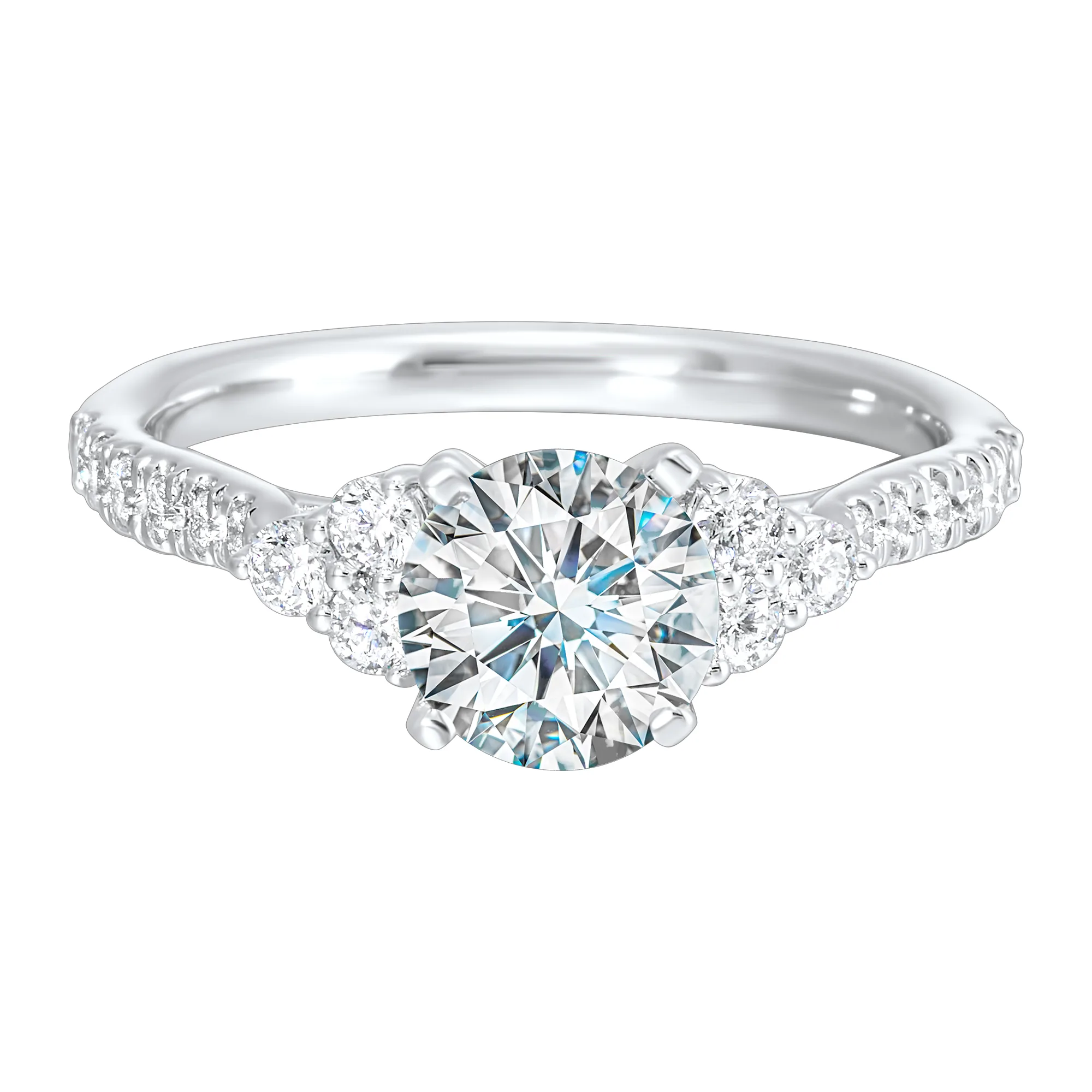 A trio of round diamonds on either side of the solitaire followed by a diamond studded shank, this ring is sure to impress her.