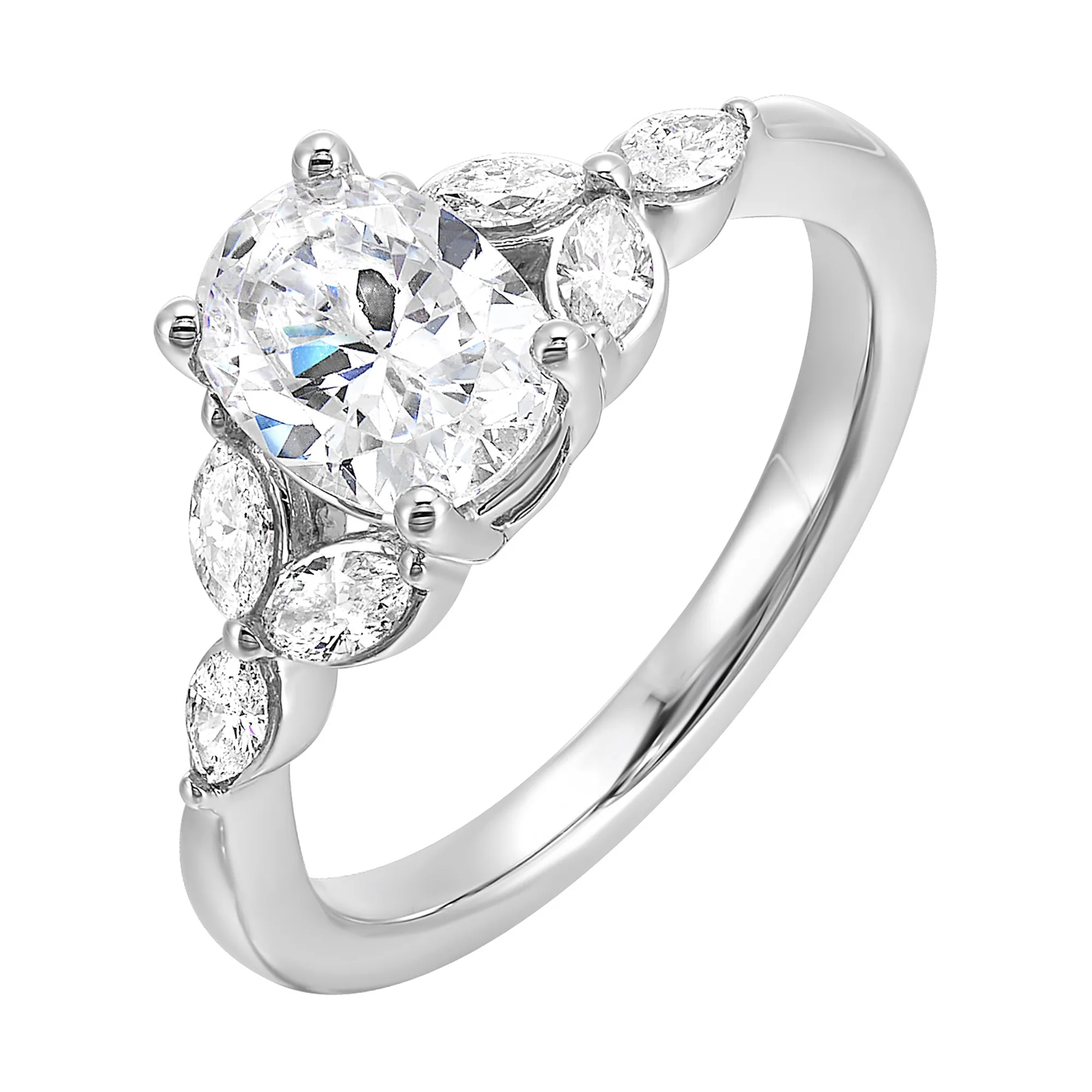 Elongated oval diamond takes center stage, framed by graceful trinity of marquise diamonds set on either side followed by a pinch shank is sure to flatten her. view 2