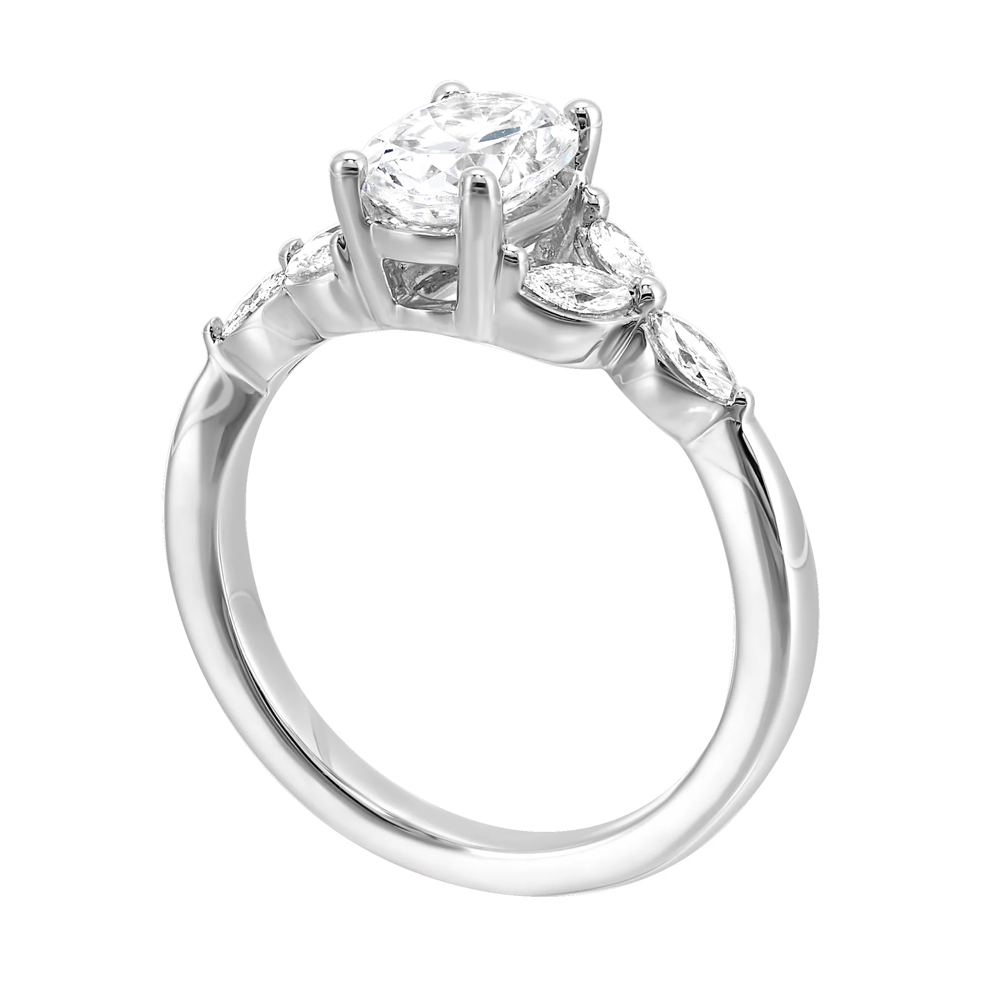 Elongated oval diamond takes center stage, framed by graceful trinity of marquise diamonds set on either side followed by a pinch shank is sure to flatten her. view 3