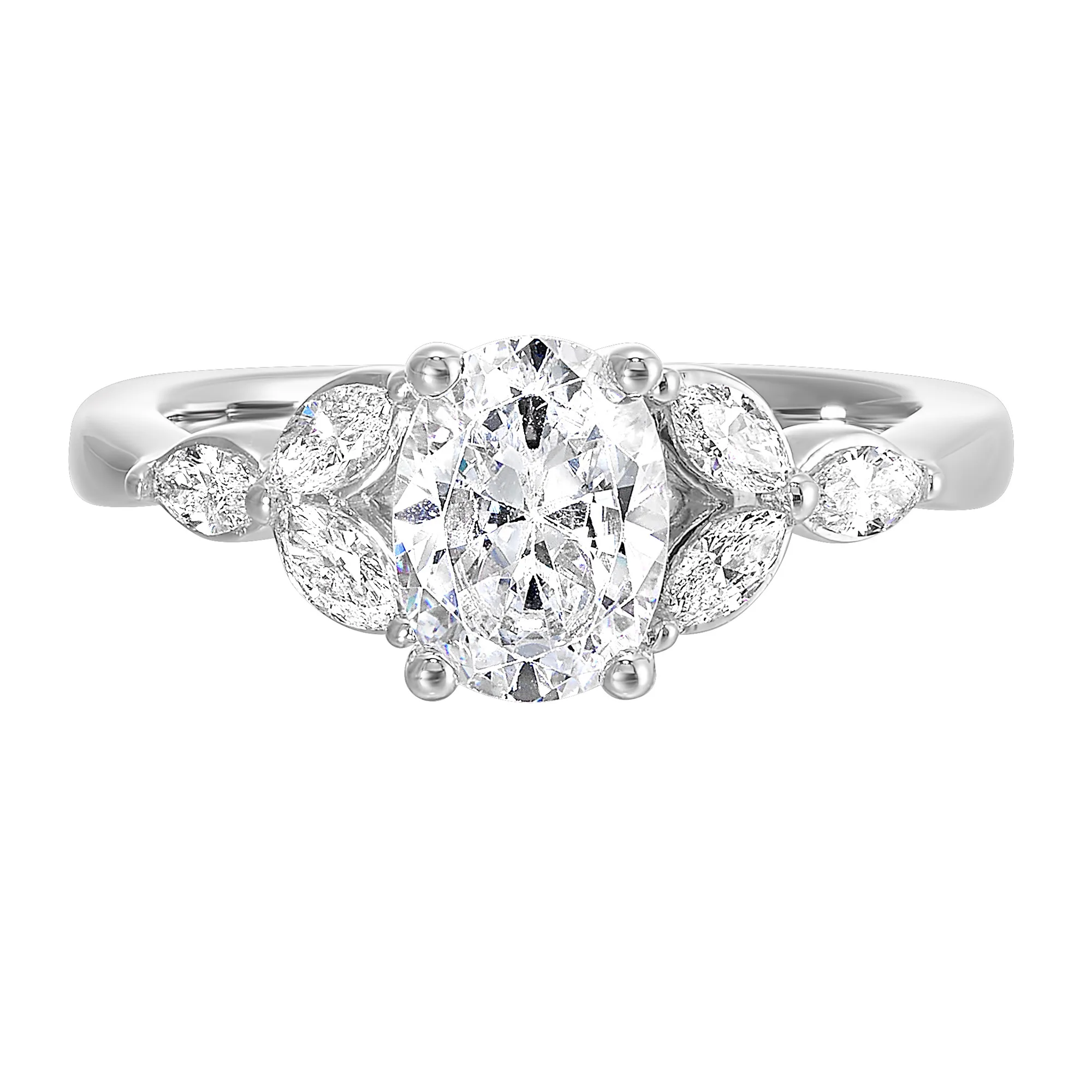 Elongated oval diamond takes center stage, framed by graceful trinity of marquise diamonds set on either side followed by a pinch shank is sure to flatten her.