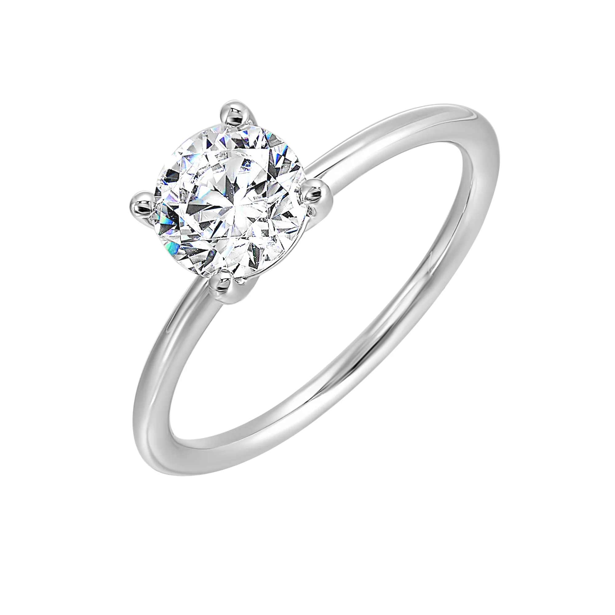 Classic four prong solitaire engagement ring with a petite band adds to the sleek, classic look of the design. view 2
