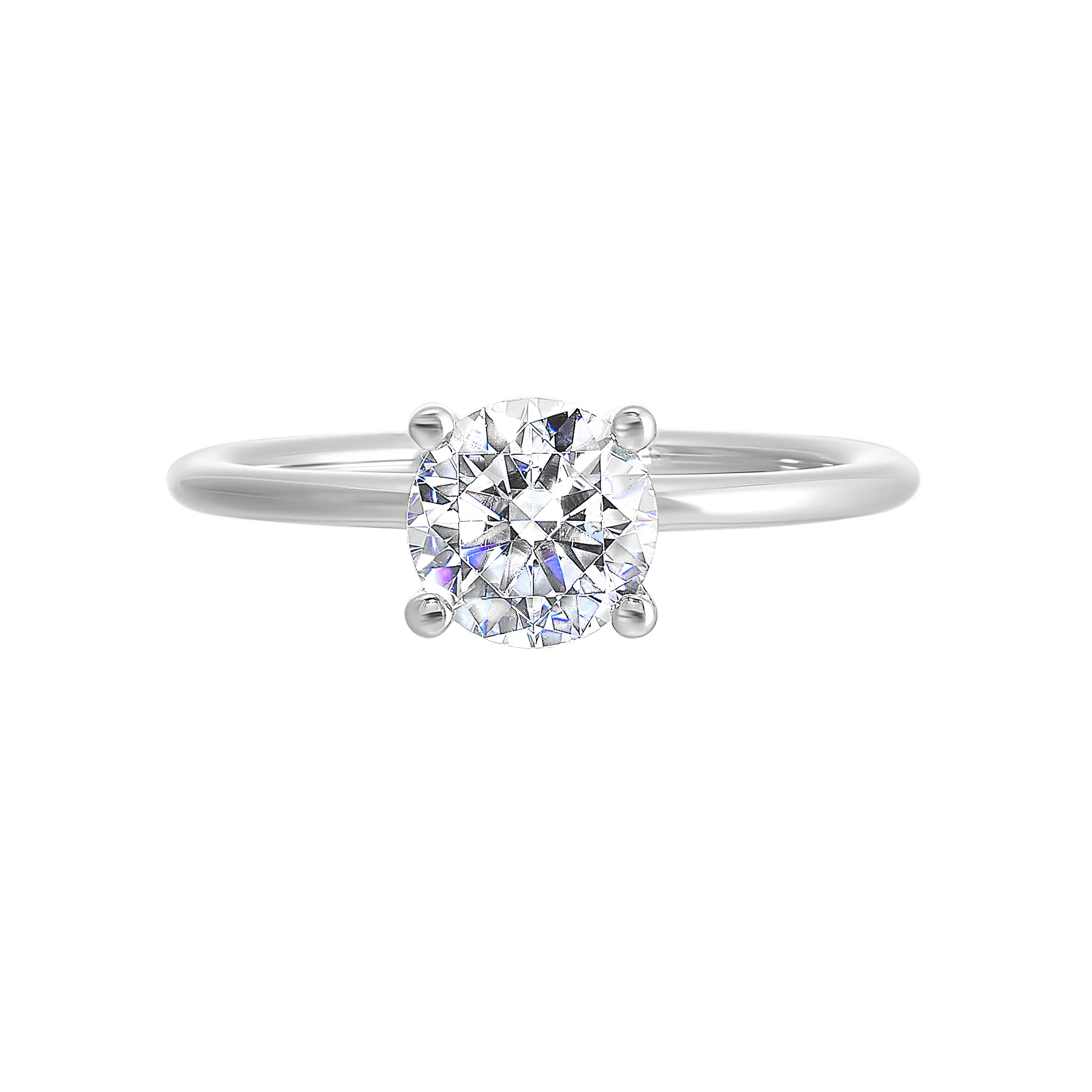 Classic four prong solitaire engagement ring with a petite band adds to the sleek, classic look of the design.