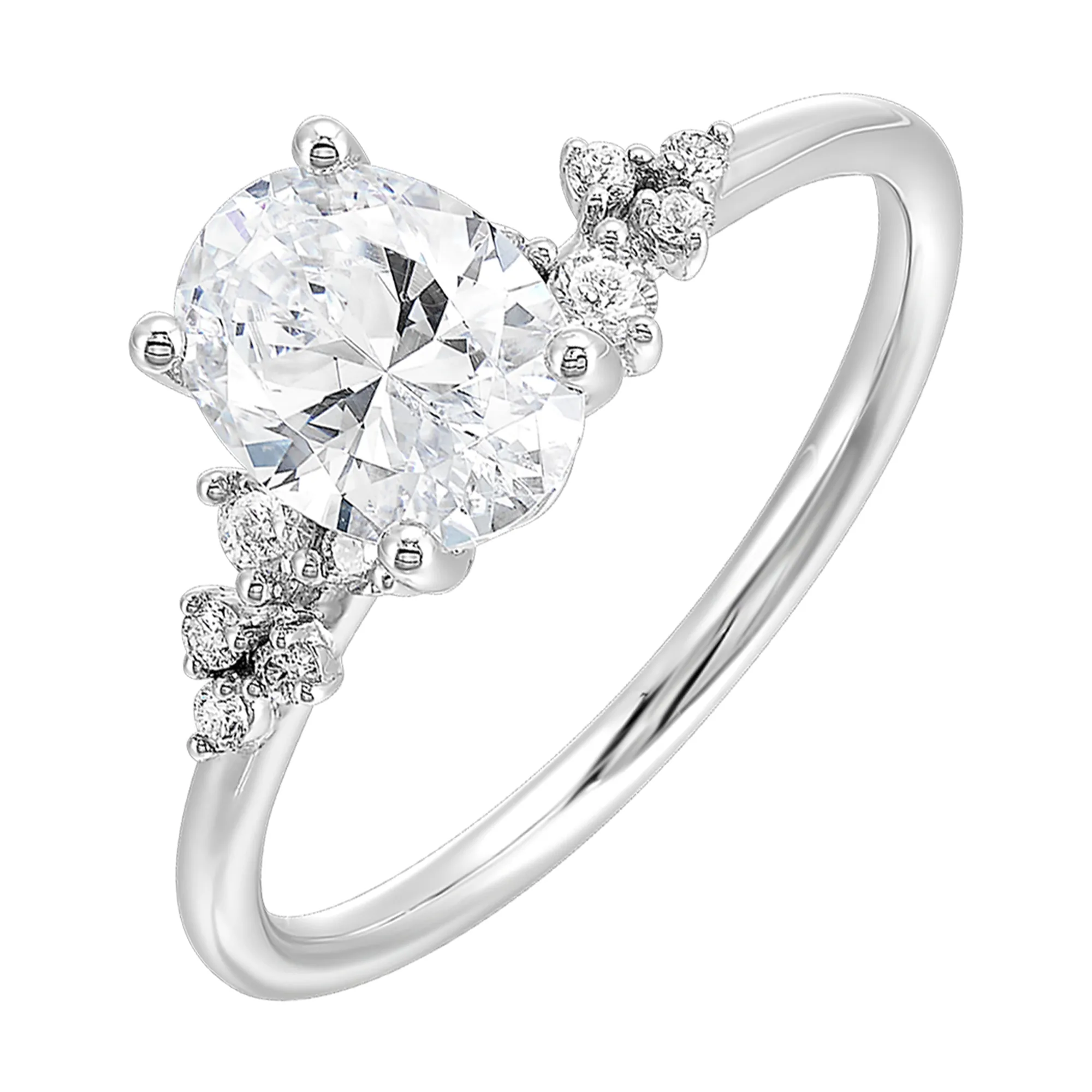 This simply gorgeous engagement ring with oval center features a sleek gold band with floating diamonds on either sides in random placement coming together beautifully. view 2