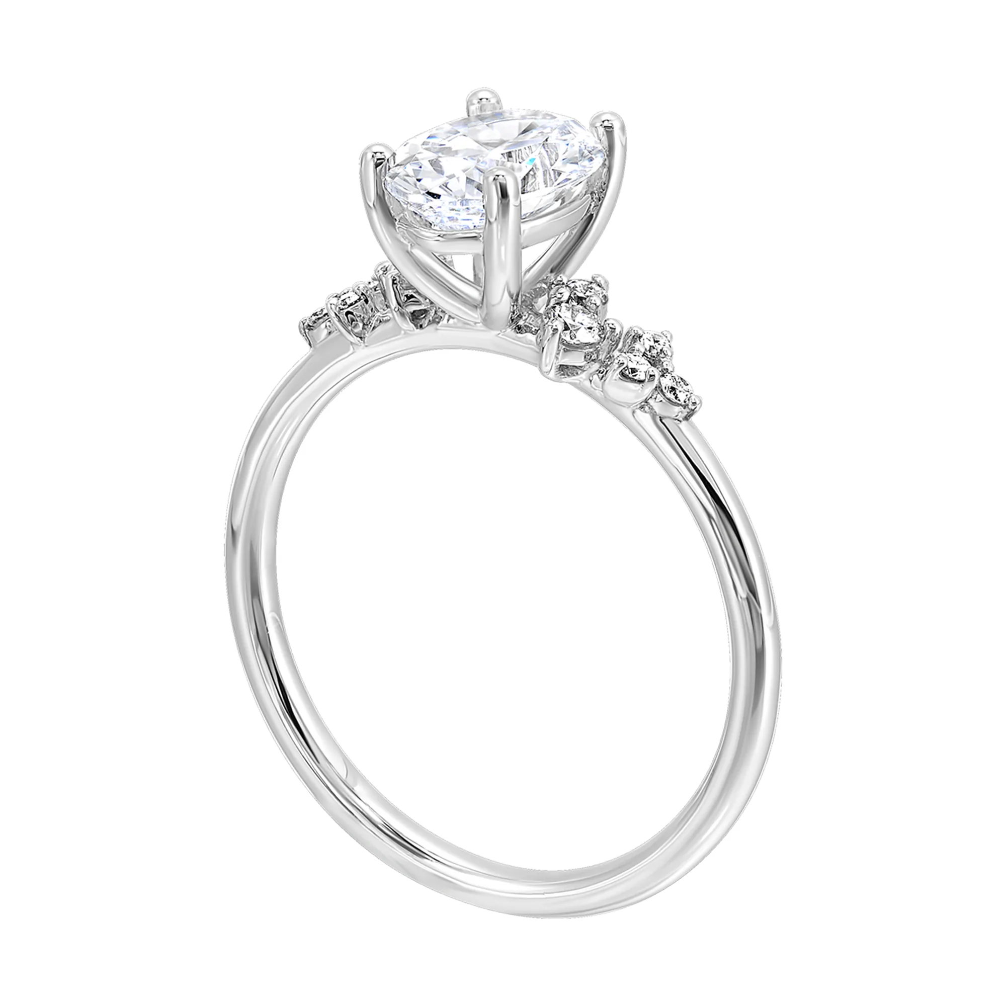 This simply gorgeous engagement ring with oval center features a sleek gold band with floating diamonds on either sides in random placement coming together beautifully. view 3