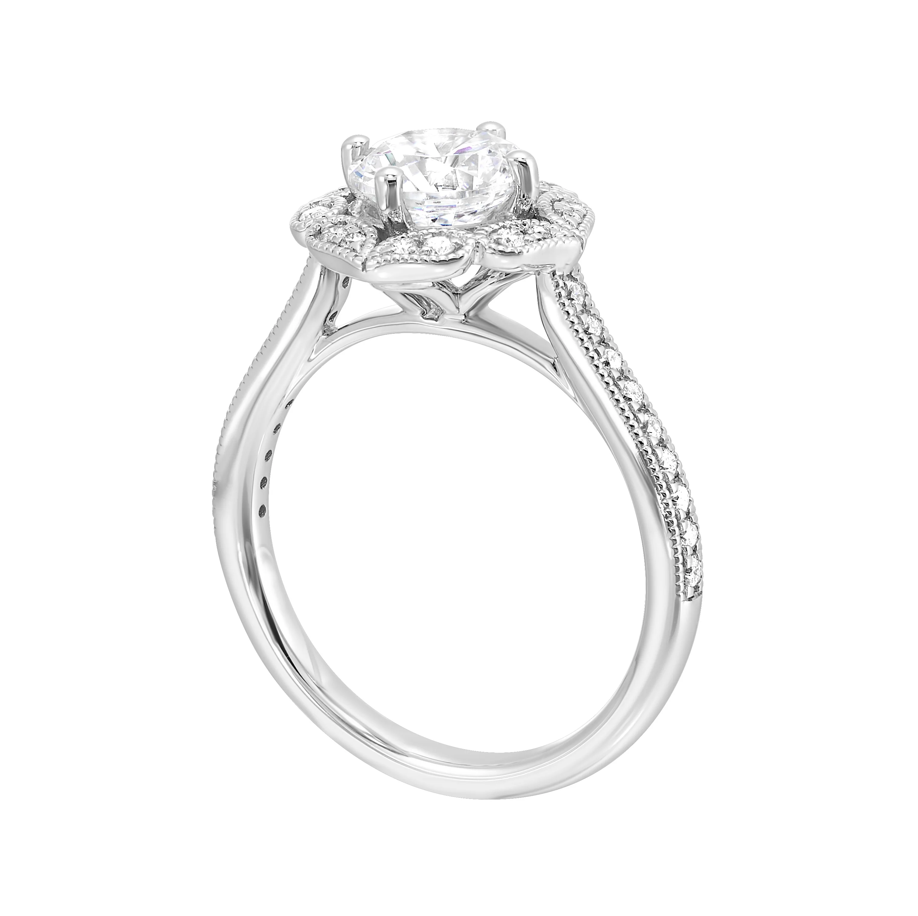 The solitaire ring gets a upgrade with a floral halo and diamond studded shank making your love blossom forever. view 3
