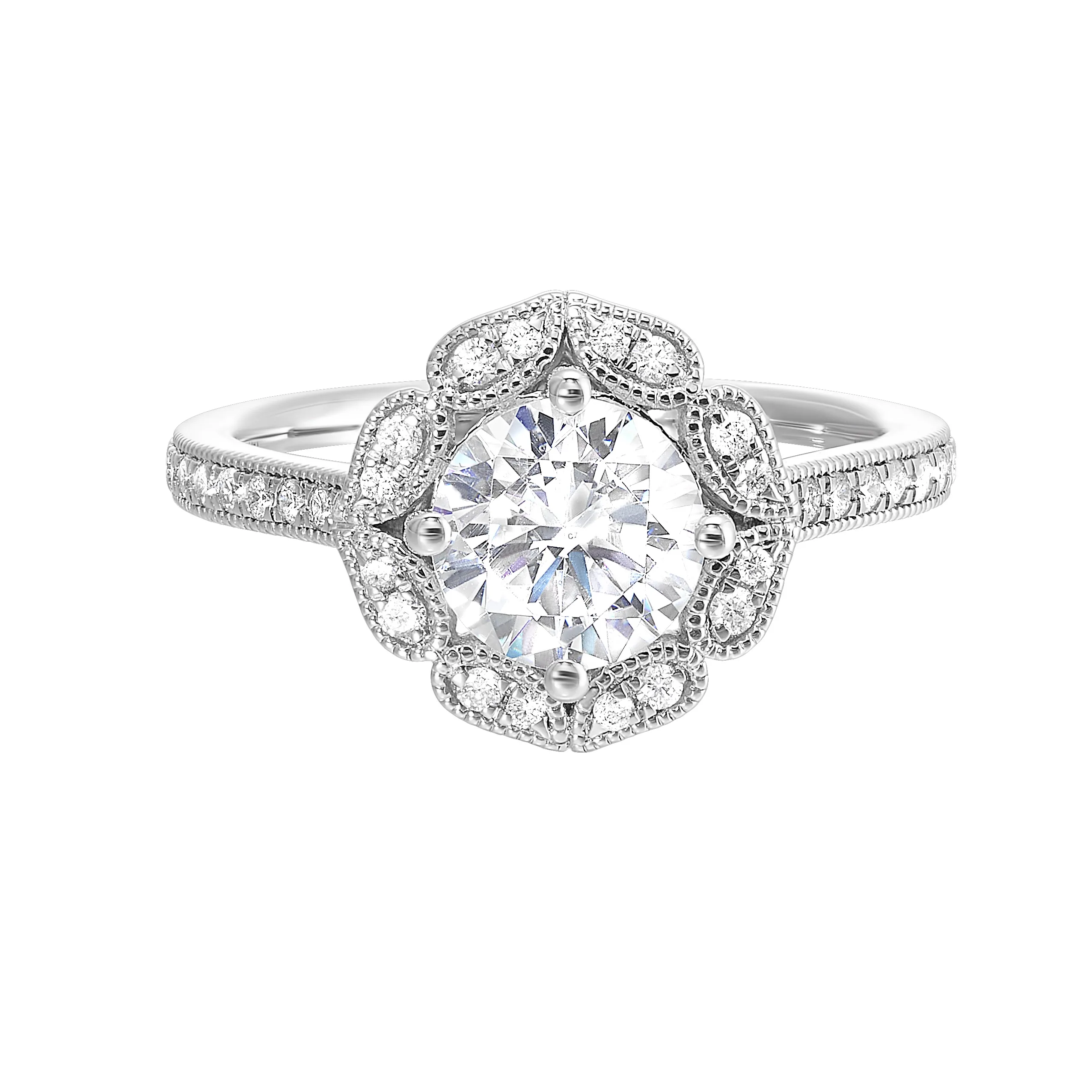 The solitaire ring gets a upgrade with a floral halo and diamond studded shank making your love blossom forever.