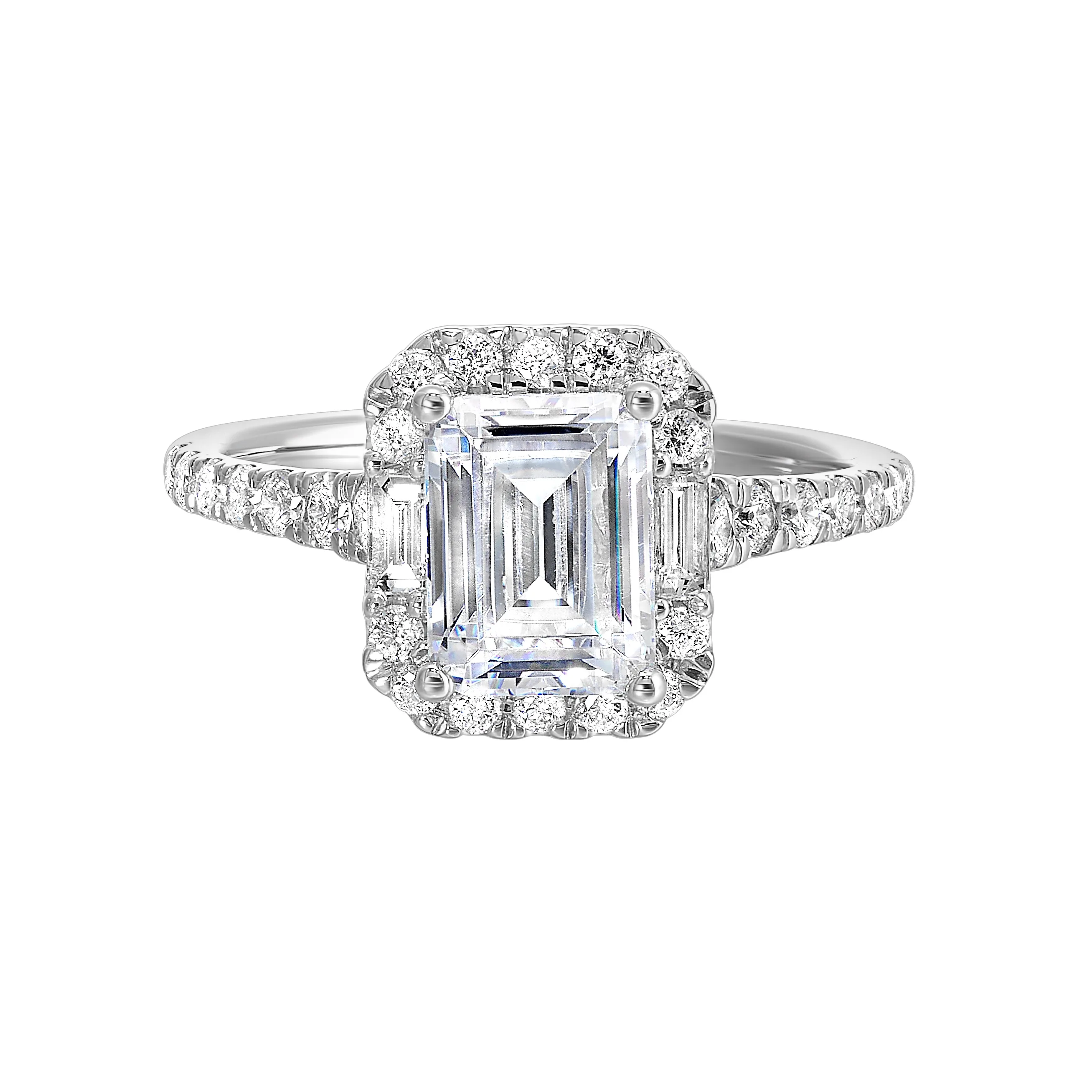 A glittering softened halo of diamonds surrounds the center emerald with adjacent baugettes on both the sides. Pave split shank adds a stylish, dazzling look.