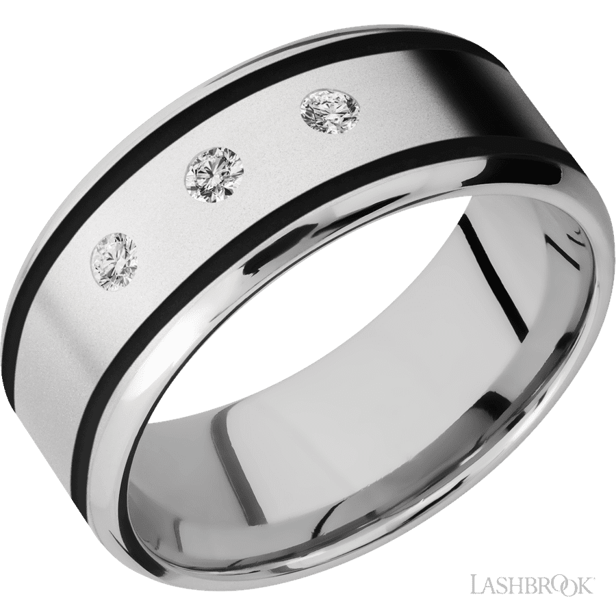 9 mm wide/Beveled/Cobalt Chrome band with  two 1 mm Wide inlays of Black and featuring an  arrangement of 3, .05 carat Round Diamond stones in a Flush setting