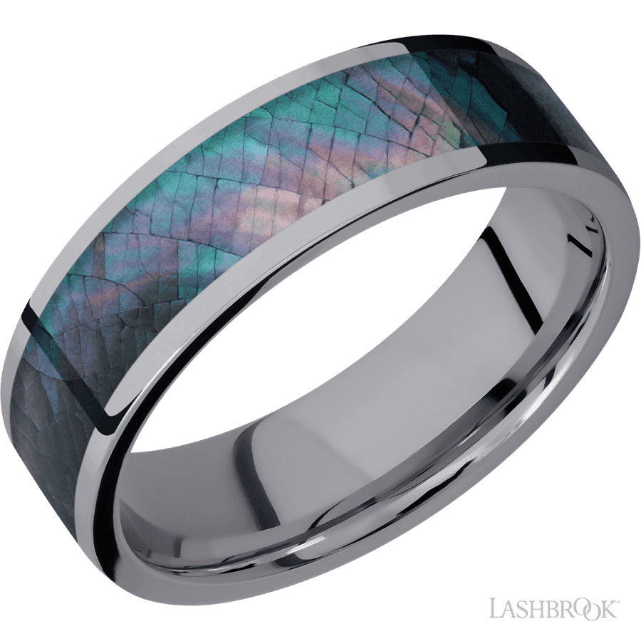 7 mm wide/Flat/Tantalum band with one 5 mm Centered inlay of Black Mother of Pearl.
