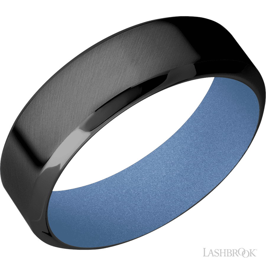 7 mm wide High Bevel Zirconium band featuring a Crushed Orchid sleeve.