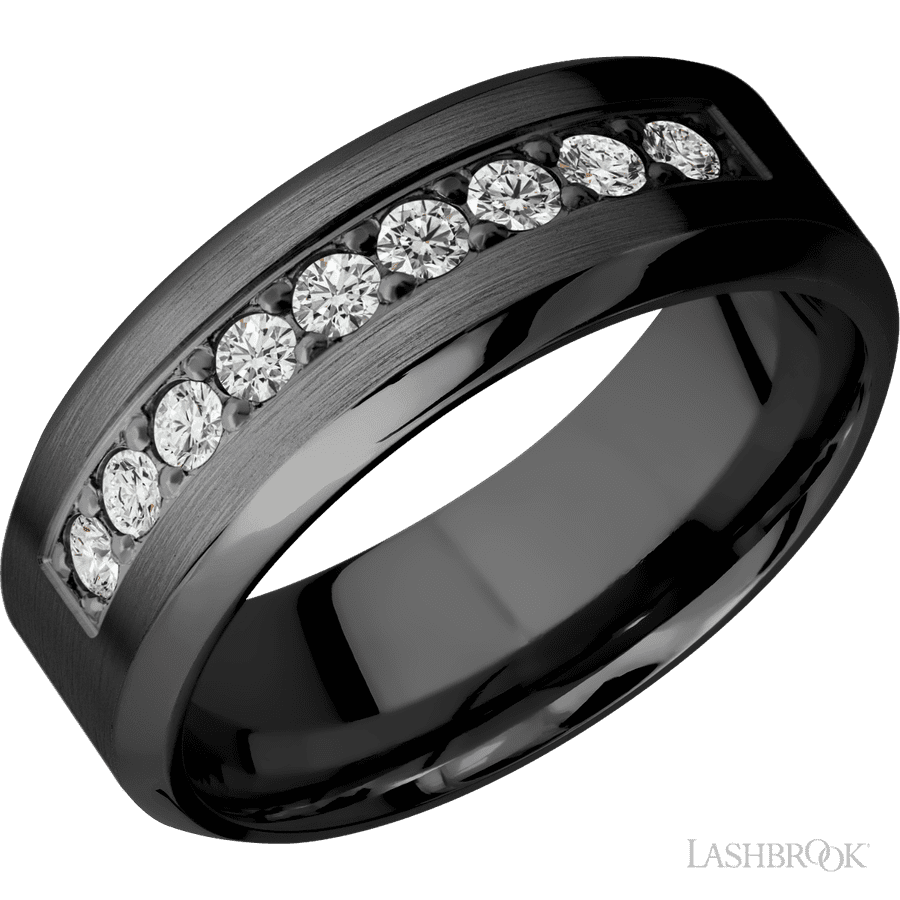 8 mm wide/High Bevel/Zirconium band with an  arrangement of 9, .05 carat Round Diamond stones in a Bead setting.