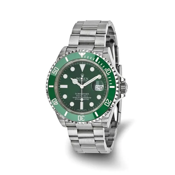 Rolex Submariner watch with green bezel and stainless steel bracelet